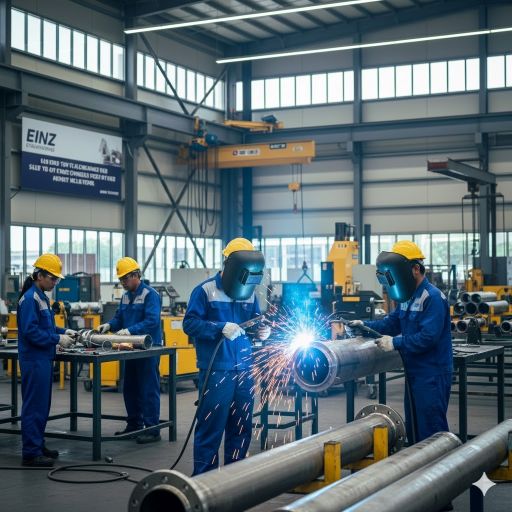 Einz Engineering team performing precision mechanical fabrication of industrial pipes at our Singapore workshop.