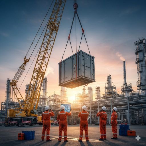 Heavy equipment lifting operation in progress at a petrochemical plant on Jurong Island