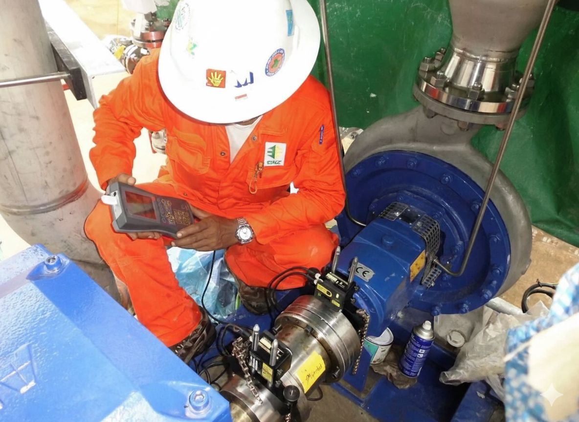 Technician performing precision laser alignment on an industrial pump