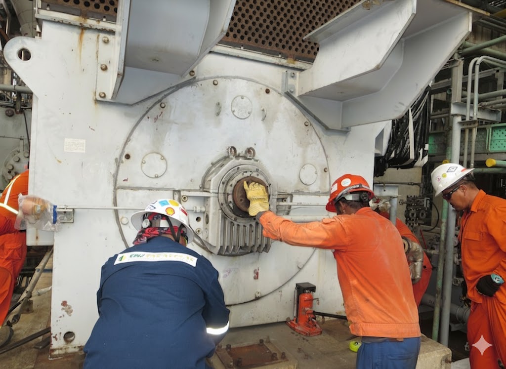 Team performing maintenance on heavy industrial machinery