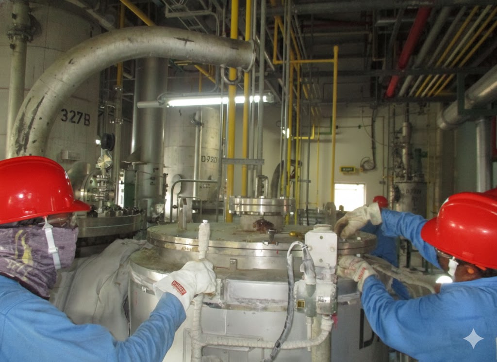 Technicians opening a large reactor for internal inspection and maintenance